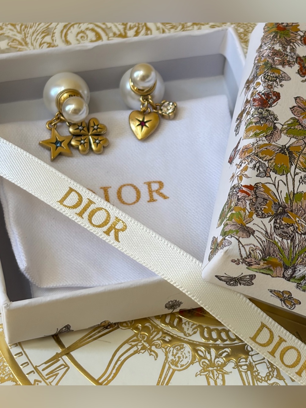 Dior Gold-Tone Pearl Drop Earrings with Pink & Blue Stone Accents
